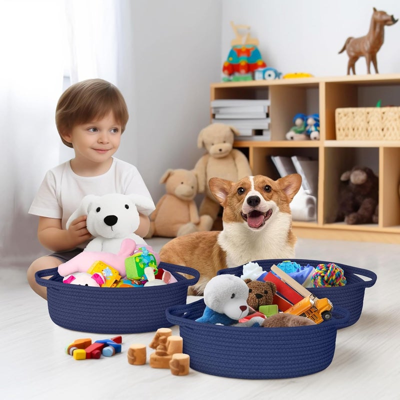 WILLITAT Small Baskets for Gifts Empty, 13"x 9"x 5" Woven Gift Basket with Bag and Ribbon, Cotton Rope Kids Dog Cat Toy Bin Box, Cute Baby Nursery Organizer, Decorative Storage with Handles,Dark Blue - Image 3